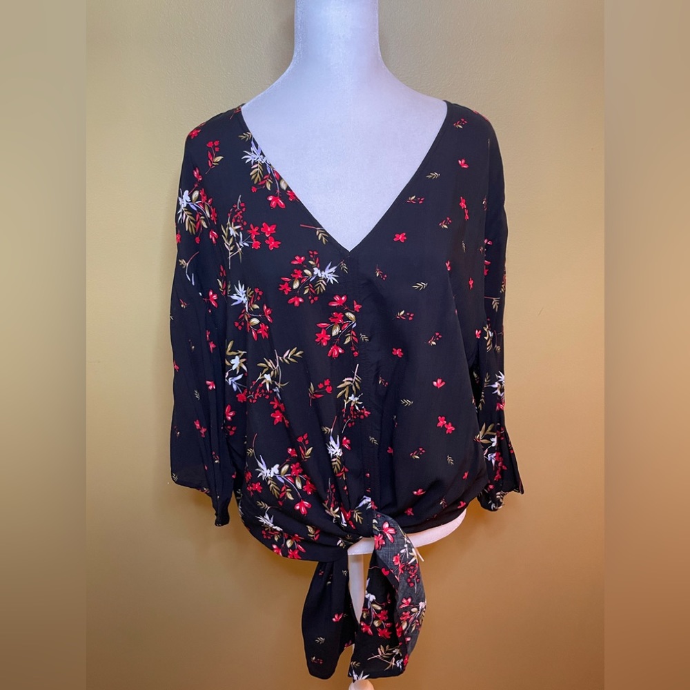 Black Floral Tie Front Blouse - Size L